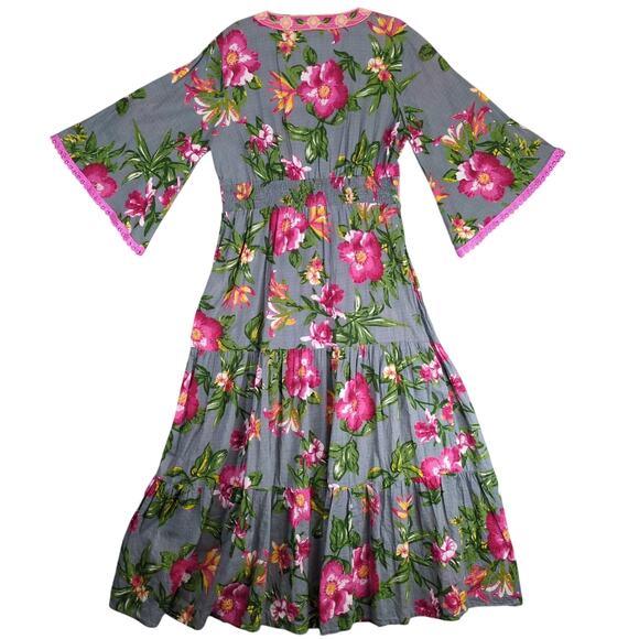 Charlie Paige Floral Tiered Maxi Dress Sz S Embroidered Lace Trim Flared Sleeve - Picture 2 of 10